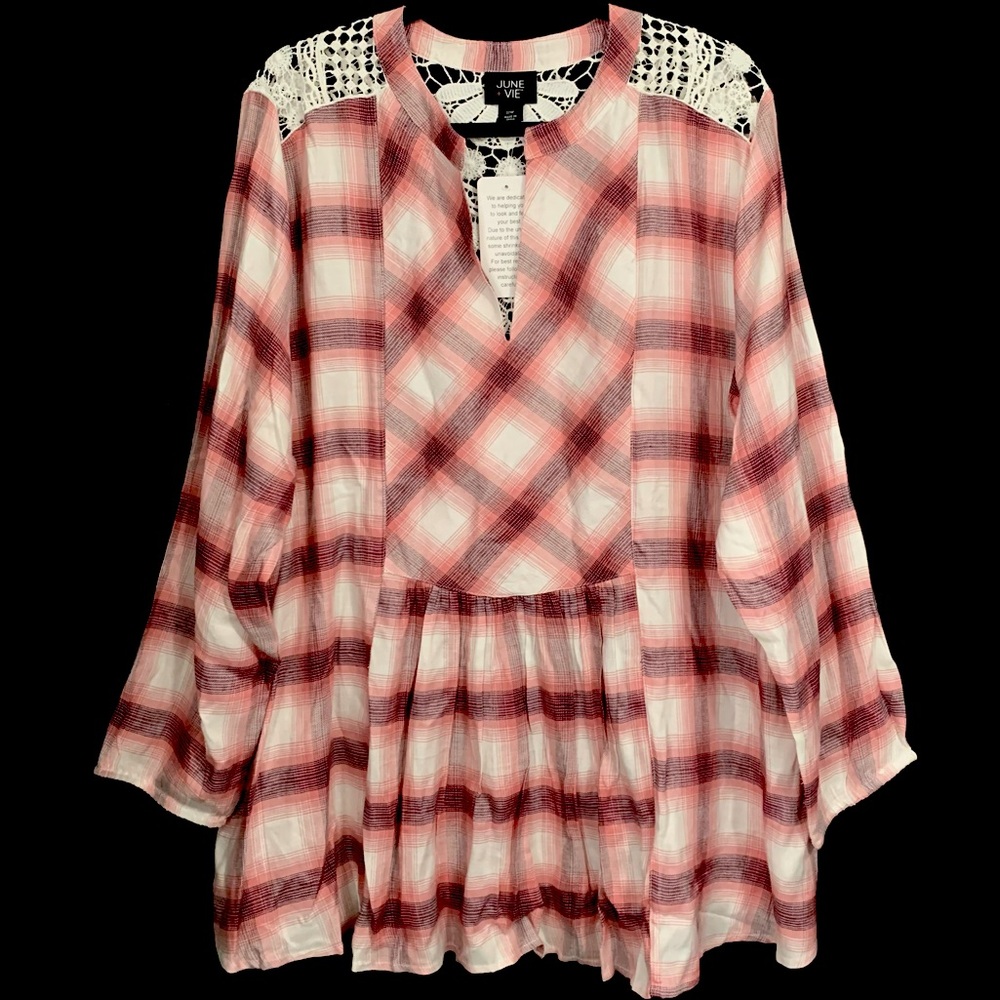 June + Vie Plaid Plaid Crochet Lace Embellished Tunic